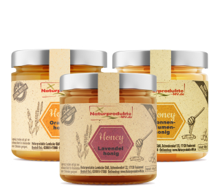 Honig Paket 4:  Lavendelhonig (500g), Orangenhonig (500g), Sonnenblumenhonig (500g) Probierpaket