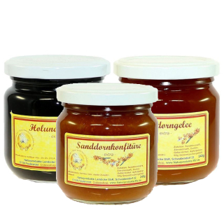 Probierpaket Sanddornkonfitüre "extra" (240g), Sanddorn Gelee extra (240g), Holundergelee extra 240g  Probierset